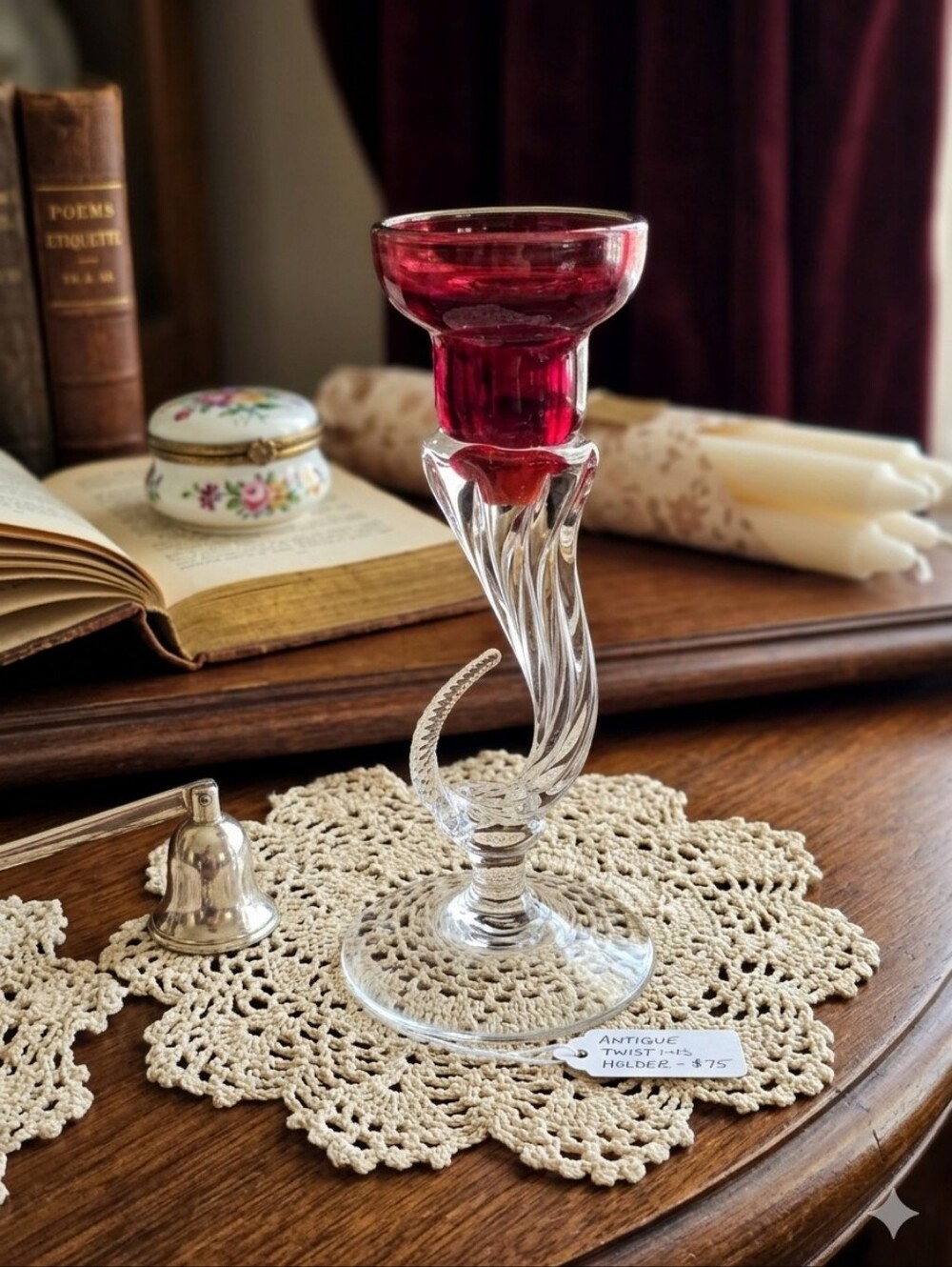 Vintage Cranberry Red Glass Twist Stem Candlestick Holder